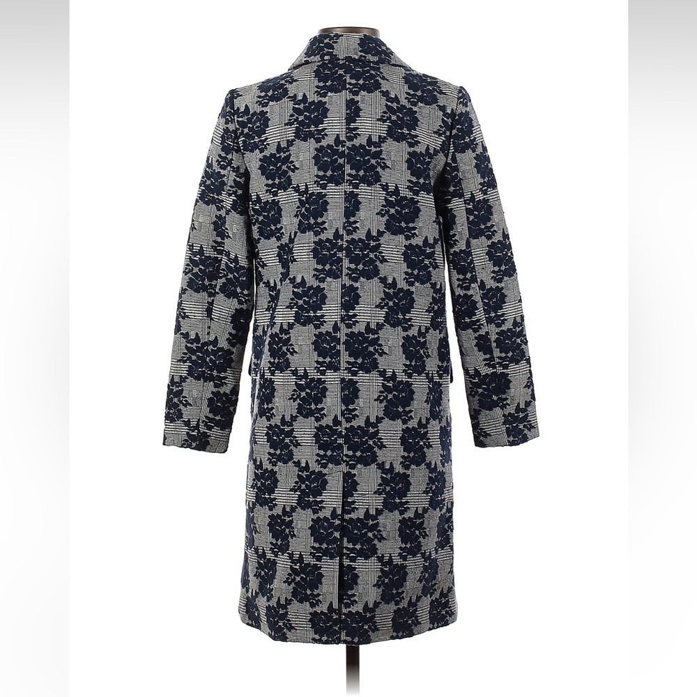 Halogen Stylish Gray and Blue Floral Ruffle Trim Long Jacket Coat - Picture 2 of 3